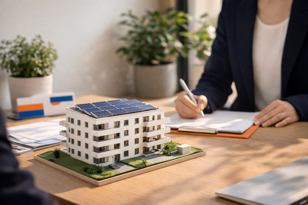 Architekturmodell eines Mehrfamilienhauses mit Photovoltaikanlage auf dem Dach, im Hintergrund Vertragsunterzeichnung zur Mieterstrom-Umsetzung